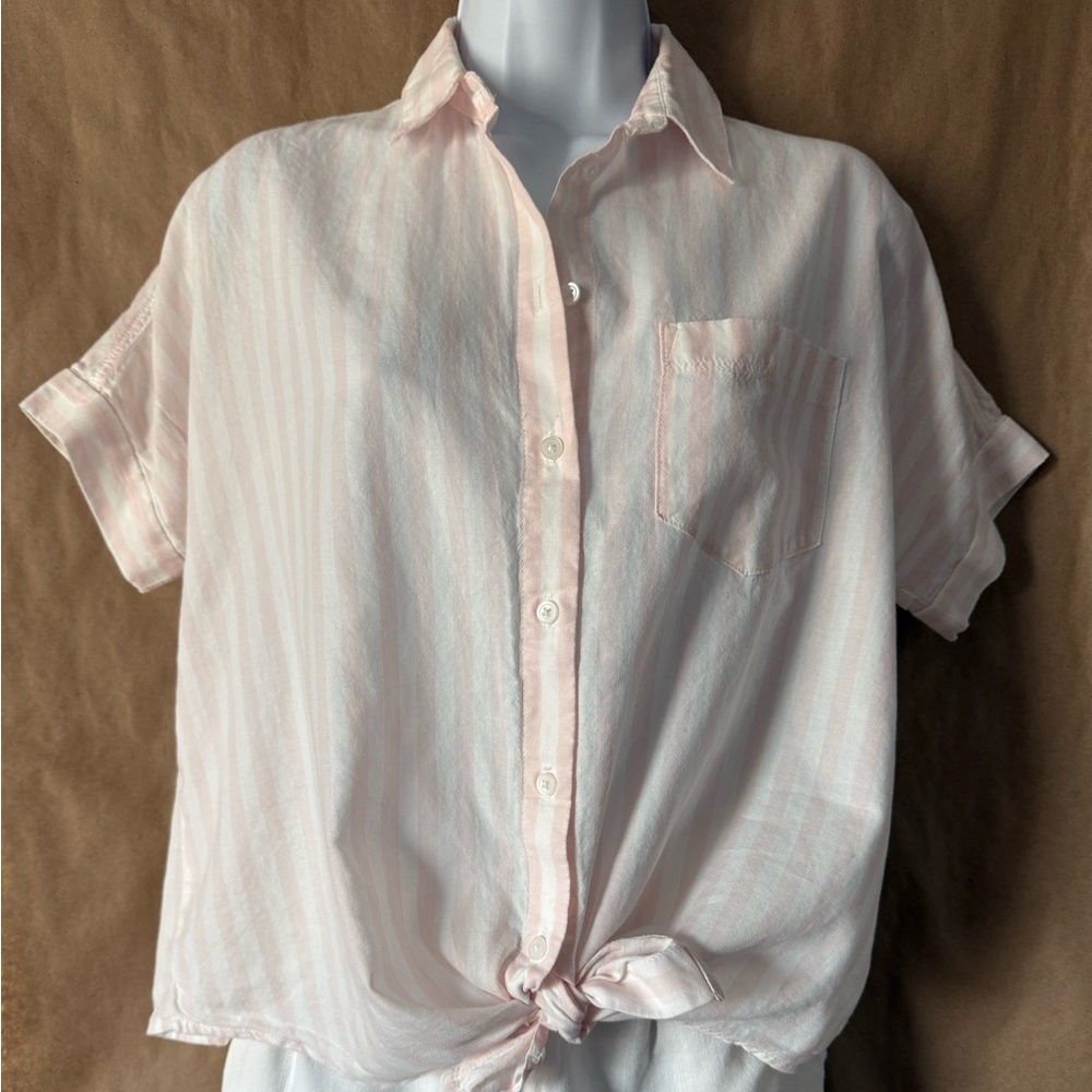 Madewell pink and white tie front cotton button down shirt